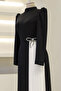 Henna Bow Detailed Crepe Satin Hijab Evening Dress - Black - 3