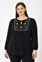 Women's Plus Size Black, Cotton Fabric, Embroidery Detailed, Elastic Cuff Blouse 65N39328 - 4
