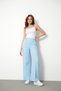 Women's Light Blue High Waist Palazzo Pants with Pockets, Wide Legs, Button Detail Slim Fit Kalip Trousers - 4