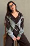 Dark Brown Argyle Pattern V-Neck Knitwear Women's Sweater Mg2647 - 5
