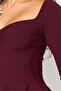Women Sweetheart Neckline Long Sleeves Plain Top, Maroon - 5