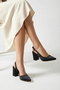 Women's Black Satin Fabric Asymmetrical Strap Pointed Toe Thick Heeled Shoes - 7