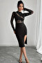 Women's Long Sleeve Turtleneck Lace Detailed Side Slit Mini Dress - 2