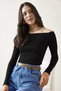 Women's Boat Neck Black Ribbed Knit Blouse – Long Sleeve Flexible Fit Top
