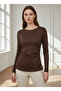 Drawstring Waist, Fitted at the Waist, Side Slit Brown Women's Blouse - 4