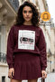 Burgundy Crew Neck Fleece-Lined Printed Oversized Sweatshirt