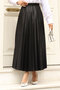 Leather Look Elastic Waist Pleated Skirt Tsd240503 Black - 4