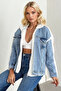Dame Women's Ecru Blue Jean Paneled Zippered Lamb Plush Coat - 2