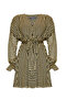 Regular Mini Gold Black Dress with Belted Waist and Long Sleeves - 7