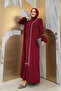 Stone Detailed Abaya Zero Sleeve Dress Set 3657 Claret Red - 7
