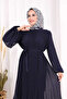 Pleated Layered Detailed Lined Dress 3836 Navy Blue - 5