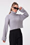 Women's Gray Wide Ribbed Turtleneck Knitwear Crop Sweater