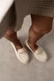 Women's Beige Matte Patent Leather Stone Chain Detailed Thick Serrated Sole Loafer Shoes - 2