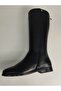 Women's Genuine Leather Back Zipper Black Floater Boots with Leopard Detail - 3