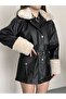 Long Leather Jacket with Fur Detail on the Collar and Cuffs - 5