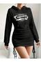 California Printed Black Side Gathered Hooded Mini Sweatshirt Dress - 2