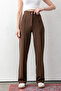 Women's Coffee Buttoned Modal High Waist Trousers |   Relaxed Fit, Stretch Fabric , Shaping / Sculpting , Casual & Office