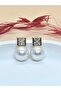 White Pearl Earrings with Square Stone Detail