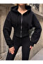 Women's Black Zippered Hoodie Sweatshirt - 5