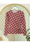 Plaid Patterned Blouse with Side Buckle -Burgundy - 4