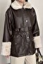 Women's Fur Detailed Belted Leather Coat Lined Long Faux Leather Coat - 4