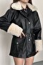 Women's Fur Detailed Belted Leather Coat Lined Long Faux Leather Coat - 7