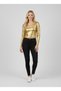 Women's Gold Metallic Leather-Look V-Neck Crop Blouse Nj38 - 2
