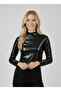 Women's Black Metallic Leather-Look Half Turtleneck Crop Blouse Nj37