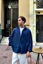 Corded Fabric Kadife Oversized Shirt Navy Blue