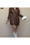 Women's Trend Asymmetrical Cut Front Gathered Double-Breasted Neck Mini Leather Dress - 2
