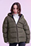 Girl's Khaki Water and Windproof K Hooded Puffer Jacket with Fleece Inside