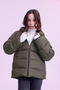Girl's Khaki Water and Windproof K Hooded Puffer Jacket with Fleece Inside - 6