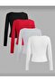 Women's 4-Pack Kaşkorke Corded Fabric Cotton Square Neck Long Sleeve Body-Hugging Crop Blouse - 2