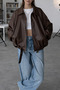 Women's Oversized ZR Model Bomber Buckled Belt Detail Leather Jacket - 2