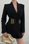 Women's Stylish Double-Breasted Lapel Padded Shoulders Gold Belt Detail Blazer Jacket - 6