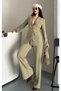 Women's Fabric Button Detail Jacket Pants Set Khaki - 2