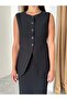 Black 100% Linen Slit Pen Skirt Vest Set - 8337 - 5
