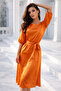 Women's Orange Belted Crew Neck Midi Length Dropped Sleeve Satin Dress - 5