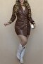 Women's Long Sleeve Double-Breasted Mini Leather Jacket with Collar, Front Drawstring and Buttoned Asymmetrical Cut Detail