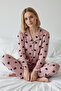Heart Patterned Milan Fabric Shirt Collar Powder Women's Pajama Set