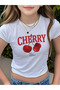 Women's Cherry Printed Crew Neck Baby Tee Crop Tshirt