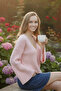 Women's Pink V-Neck Oversized Spanish Knitwear Sweater - 2