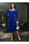 Women's Long Sleeve Double Breasted Collar Side Gathered Midi Velvet Dress - 2