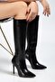 Zri̇nx-226 Premium Black Wrinkled Patent Leather Zippered Elastic Thin High Heeled Women's Boots 11 cm - 3