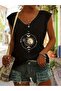 Women's 2 Piece Mix Printed V-Neck Sleeveless Oversized Salas Boyfriend T-Shirt Set - 3