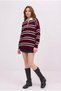 Women's Burgundy Striped Polo Neck Buttoned Oversized Off Shoulder Long Sleeve Knitwear Sweater - 2