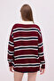 Women's Burgundy Striped Polo Neck Buttoned Oversized Off Shoulder Long Sleeve Knitwear Sweater - 3