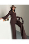 Women's Fabric Button Detail Jacket Trousers Set Brown - 2