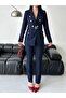 Women's Gold Button Detailed Blazer Jacket Pants Suit - 6