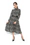Collar-Tied Knitted Long-Sleeved Dress with Short Front and Long Back, Black Zebra Pattern, Flared Midi Dress - 2